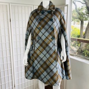 Vintage Womens Blue Plaid Double Breasted Cape w/ Pockets, M/L